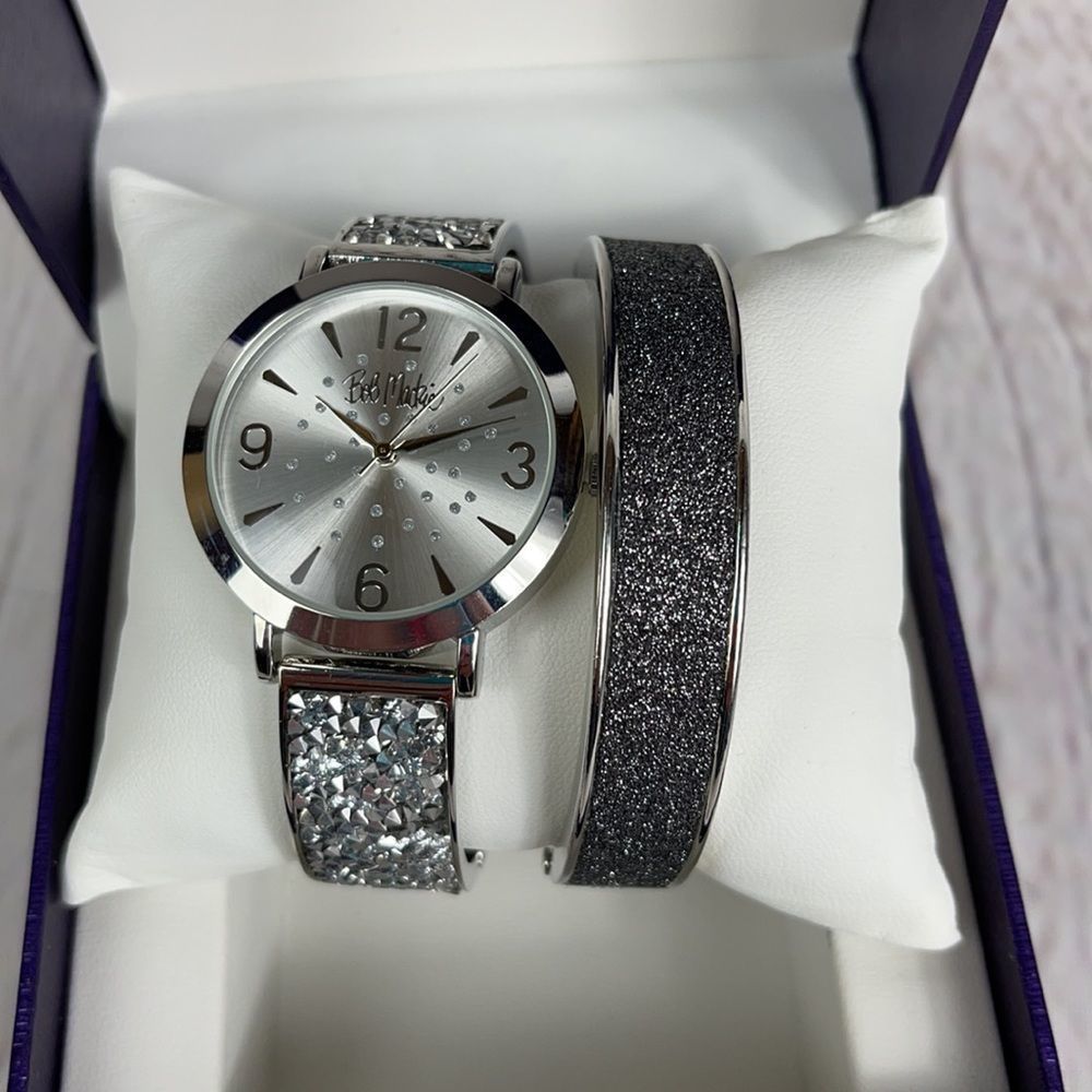 Bob Mackie Silver Glitz Bangle Bracelet Watch Set BM4001-4SS NWT in Gift…